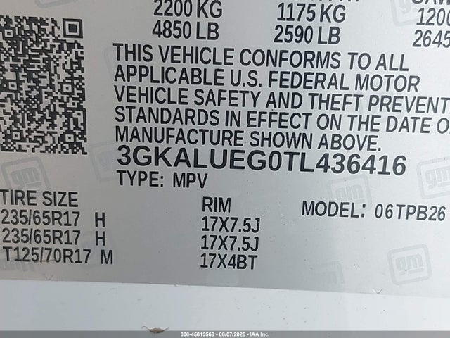 45819569 :رقم المزاد ، 3GKALUEG0TL436416 vin ، 2026 Gmc Terrain Awd Elevation مزاد بيع