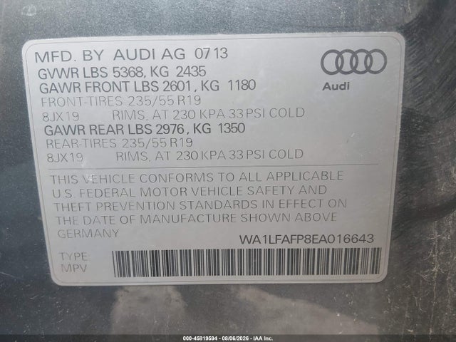 Продаж на аукціоні авто 2014 Audi Q5 2.0t Premium, vin: WA1LFAFP8EA016643, номер лоту: 45819594