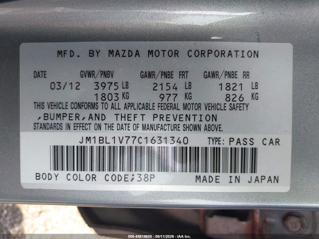 Aukcja sprzedaży 2012 Mazda Mazda3 I Touring, vin: JM1BL1V77C1631340, numer aukcji: 45819600