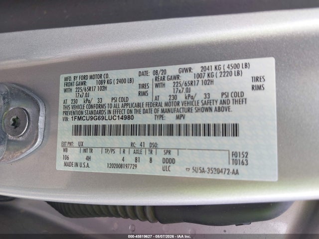 45819627 :رقم المزاد ، 1FMCU9G69LUC14980 vin ، 2020 Ford Escape Se مزاد بيع