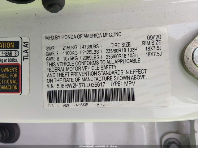 Aukcja sprzedaży 2020 Honda Cr-v Awd Ex, vin: 5J6RW2H57LL035617, numer aukcji: 45819633