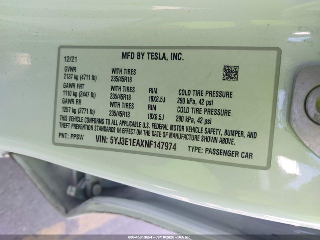 Tesla Model 3 Rear-wheel Drive 2022 5YJ3E1EAXNF147974 Image 9