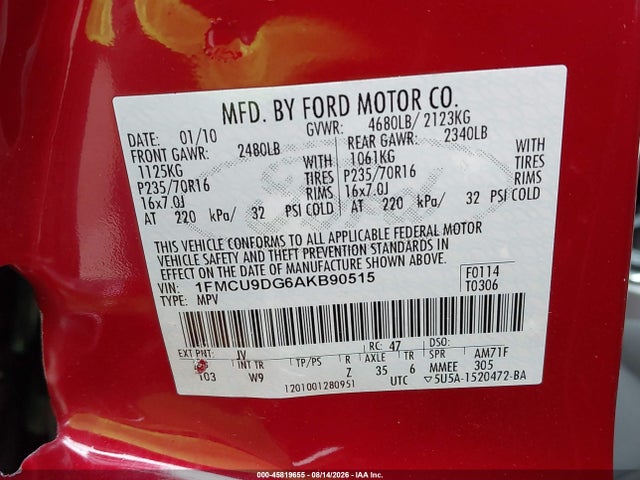 Продаж на аукціоні авто 2010 Ford Escape Xlt, vin: 1FMCU9DG6AKB90515, номер лоту: 45819655