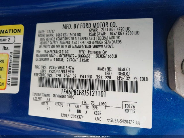 45819666 :رقم المزاد ، 1FA6P8CF8J5121101 vin ، 2018 Ford Mustang Gt مزاد بيع