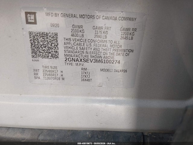 Aukcja sprzedaży 2021 Chevrolet Equinox Awd Ls, vin: 2GNAXSEV3M6100274, numer aukcji: 45819673