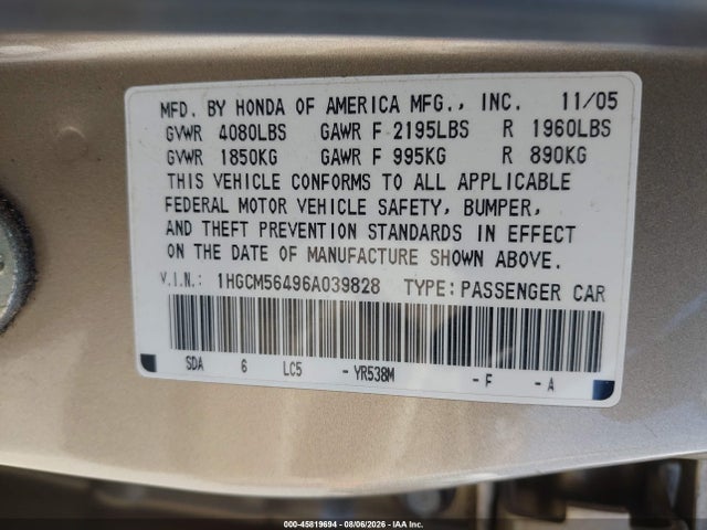 Продаж на аукціоні авто 2006 Honda Accord 2.4 Lx, vin: 1HGCM56496A039828, номер лоту: 45819694