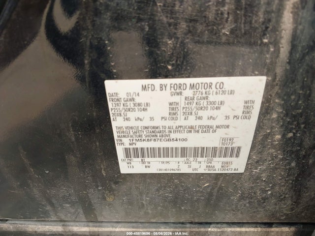 2014 Ford Explorer Limited მანქანა იყიდება აუქციონზე, vin: 1FM5K8F87EGB54100, აუქციონის ნომერი: 45819696