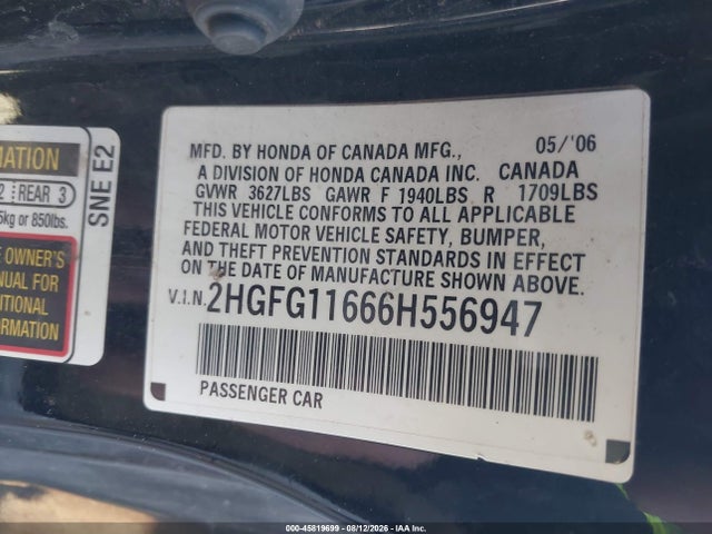 Продаж на аукціоні авто 2006 Honda Civic Lx, vin: 2HGFG11666H556947, номер лоту: 45819699