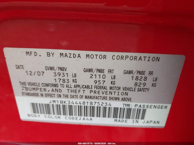 Продаж на аукціоні авто 2008 Mazda Mazda3 S Sport, vin: JM1BK344481875234, номер лоту: 45819718