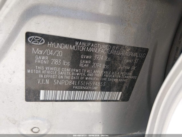 2020 Hyundai Elantra Sel მანქანა იყიდება აუქციონზე, vin: 5NPD84LF5LH594853, აუქციონის ნომერი: 45819721