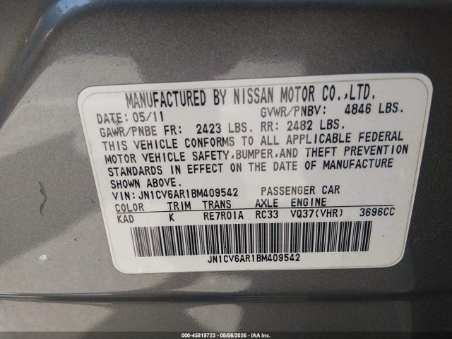 Продажа на аукционе авто 2011 Infiniti G37x, vin: JN1CV6AR1BM409542, номер лота: 45819723