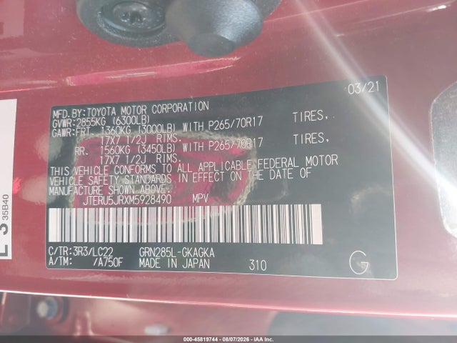 Продажа на аукционе авто 2021 Toyota 4runner Trd Off Road Premium, vin: JTERU5JRXM5928490, номер лота: 45819744