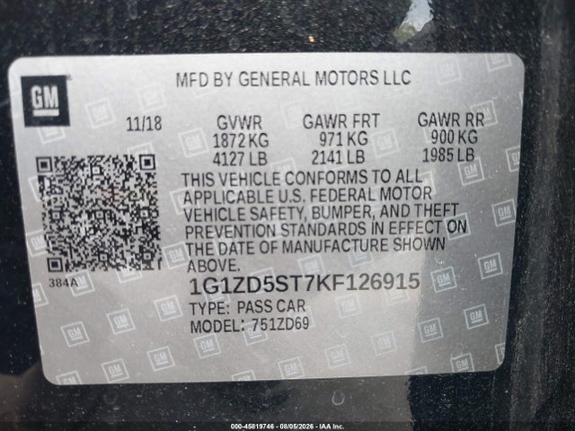 Aukcja sprzedaży 2019 Chevrolet Malibu Lt, vin: 1G1ZD5ST7KF126915, numer aukcji: 45819746