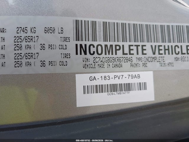 45819752 :رقم المزاد ، 2C7WDGBG9KR672846 vin ، 2019 Dodge Grand Caravan Se مزاد بيع