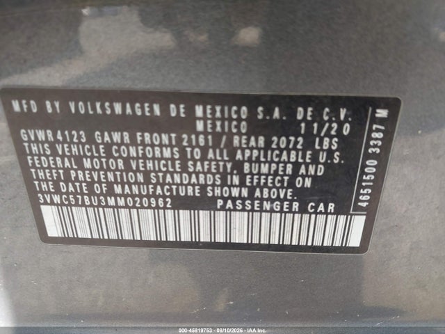 2021 Volkswagen Jetta 1.4t R-line/1.4t Se/s მანქანა იყიდება აუქციონზე, vin: 3VWC57BU3MM020962, აუქციონის ნომერი: 45819753