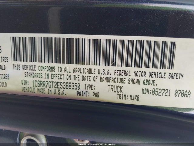 2014 Ram 1500 Big Horn მანქანა იყიდება აუქციონზე, vin: 1C6RR7GT2ES386350, აუქციონის ნომერი: 45819759