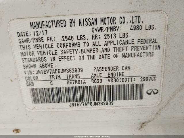 Aukcja sprzedaży 2018 Infiniti Q50 3.0t Luxe, vin: JN1EV7AP6JM362939, numer aukcji: 45819765