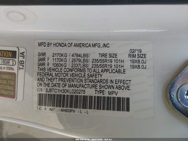 Aukcja sprzedaży 2019 Acura Rdx Standard, vin: 5J8TC1H30KL020275, numer aukcji: 45819776