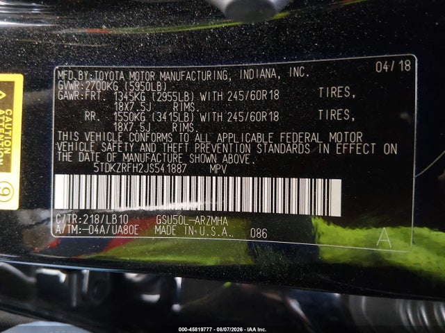 45819777 :رقم المزاد ، 5TDKZRFH2JS541887 vin ، 2018 Toyota Highlander Xle مزاد بيع
