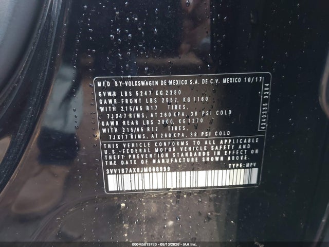 45819780 :رقم المزاد ، 3VV1B7AX8JM068999 vin ، 2018 Volkswagen Tiguan 2.0t S مزاد بيع