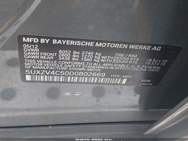 45819784 :رقم المزاد ، 5UXZV4C50D0B02669 vin ، 2013 Bmw X5 Xdrive35i/xdrive35i Premium/xdrive35i Sport Activity مزاد بيع