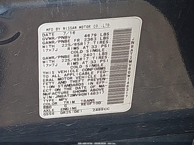 45819785 :رقم المزاد ، JN8AT2MV9GW148317 vin ، 2016 Nissan Rogue Sv مزاد بيع