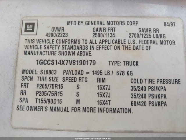 Продаж на аукціоні авто 1997 Chevrolet S-10 Fleetside, vin: 1GCCS14X7V8190179, номер лоту: 45819790