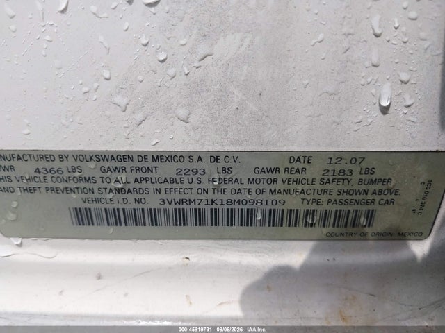 2008 Volkswagen Jetta Se მანქანა იყიდება აუქციონზე, vin: 3VWRM71K18M098109, აუქციონის ნომერი: 45819791