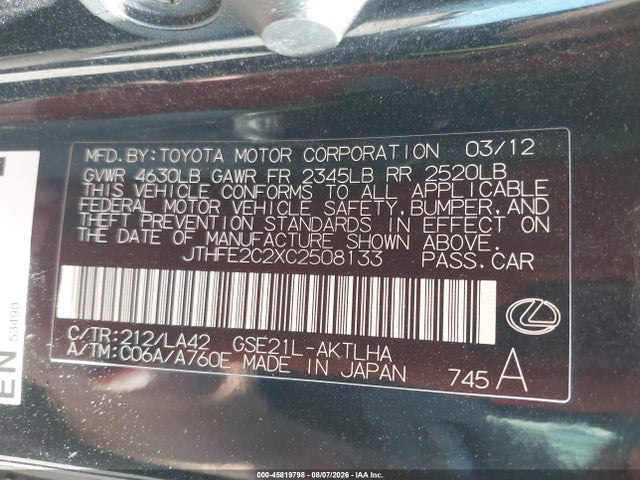 45819798 :رقم المزاد ، JTHFE2C2XC2508133 vin ، 2012 Lexus Is 350c مزاد بيع