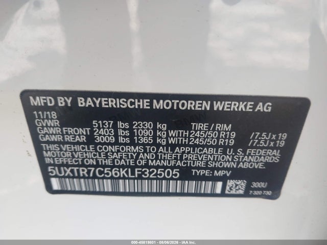 Продажа на аукционе авто 2019 Bmw X3 Sdrive30i, vin: 5UXTR7C56KLF32505, номер лота: 45819801