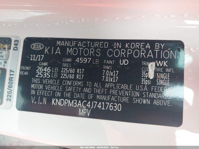 Продажа на аукционе авто 2018 Kia Sportage Lx, vin: KNDPM3AC4J7417630, номер лота: 45819806
