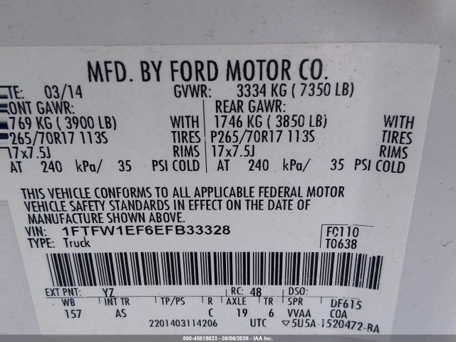 45819823 :رقم المزاد ، 1FTFW1EF6EFB33328 vin ، 2014 Ford F-150 Xl مزاد بيع
