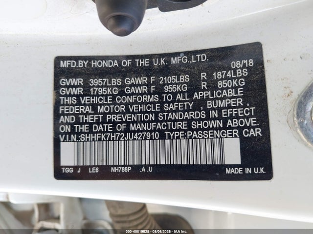 SHHFK7H72JU427910 Honda Civic Ex-l