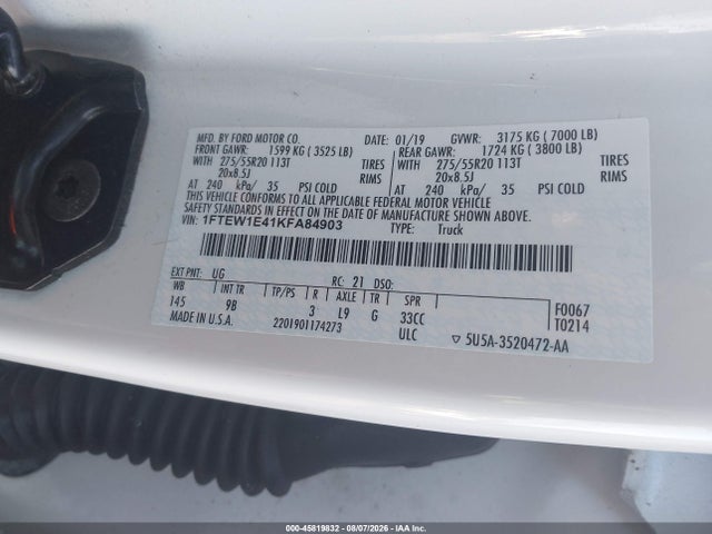 2019 Ford F-150 Platinum მანქანა იყიდება აუქციონზე, vin: 1FTEW1E41KFA84903, აუქციონის ნომერი: 45819832