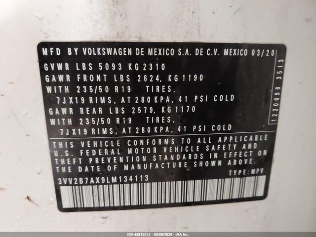 Продажа на аукционе авто 2020 Volkswagen Tiguan 2.0t Se/2.0t Se R-line Black/2.0t Sel, vin: 3VV2B7AX9LM134113, номер лота: 45819834