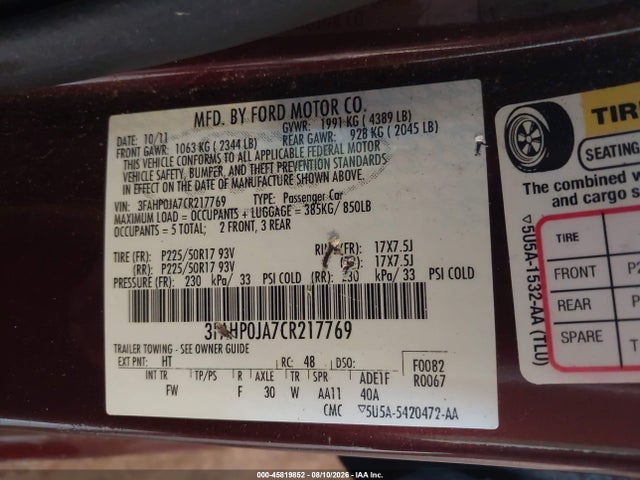 Auction sale of the 2012 Ford Fusion Sel, vin: 3FAHP0JA7CR217769, lot number: 45819852