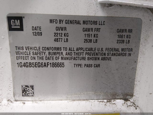 Продажа на аукционе авто 2010 Buick Lacrosse Cx, vin: 1G4GB5EG6AF186665, номер лота: 45819876