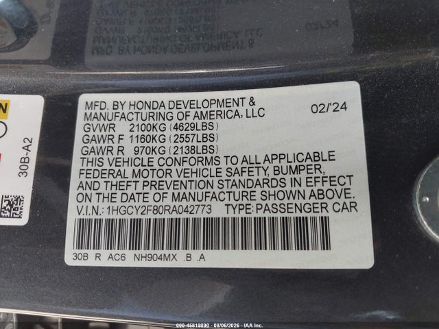 45819890 :رقم المزاد ، 1HGCY2F80RA042773 vin ، 2024 Honda Accord Hybrid Touring مزاد بيع
