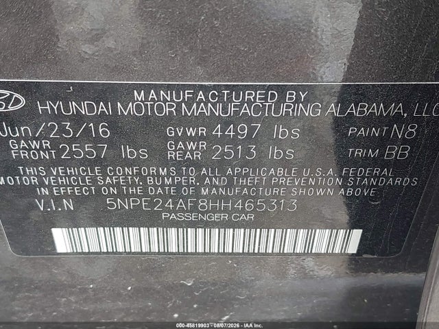 Aukcja sprzedaży 2017 Hyundai Sonata Se, vin: 5NPE24AF8HH465313, numer aukcji: 45819903