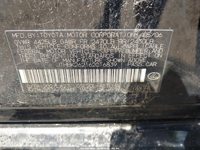 45819909 :رقم المزاد ، JTHBK262162016839 vin ، 2006 Lexus Is 250 مزاد بيع