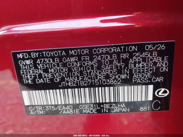 Продаж на аукціоні авто 2026 Lexus Is 350 F Sport Design, vin: JTHBZ1B27T5103862, номер лоту: 45819912