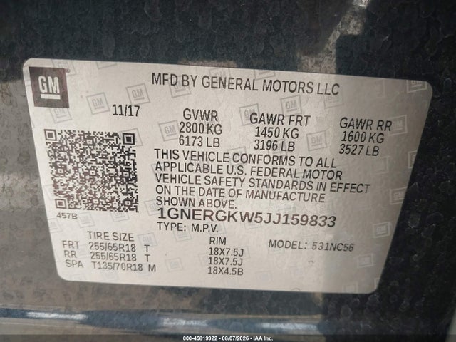 Продажа на аукционе авто 2018 Chevrolet Traverse Lt Cloth, vin: 1GNERGKW5JJ159833, номер лота: 45819922