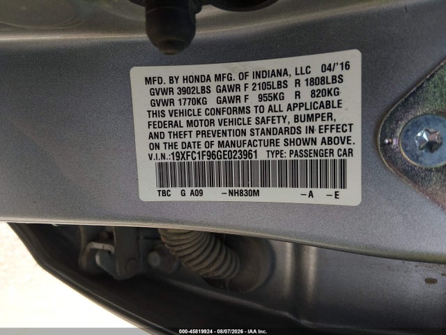 Aukcja sprzedaży 2016 Honda Civic Touring, vin: 19XFC1F96GE023961, numer aukcji: 45819924