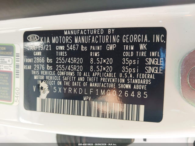 45819928 :رقم المزاد ، 5XYRKDLF1MG026485 vin ، 2021 Kia Sorento Sx مزاد بيع