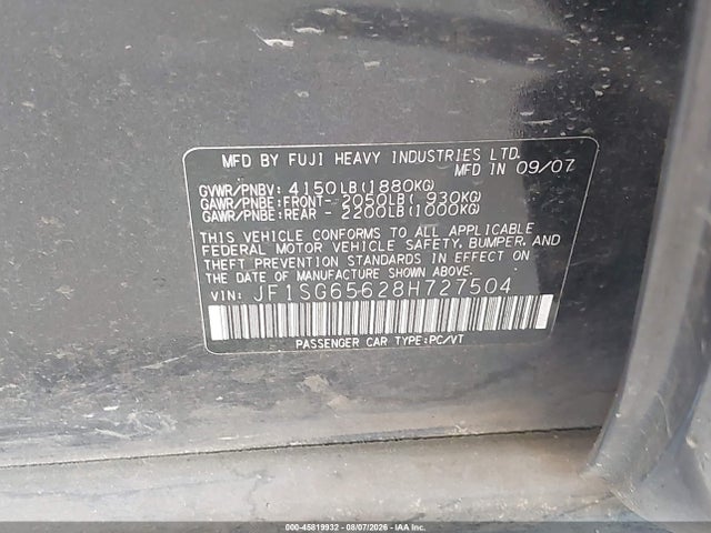 2008 Subaru Forester 2.5x მანქანა იყიდება აუქციონზე, vin: JF1SG65628H727504, აუქციონის ნომერი: 45819932