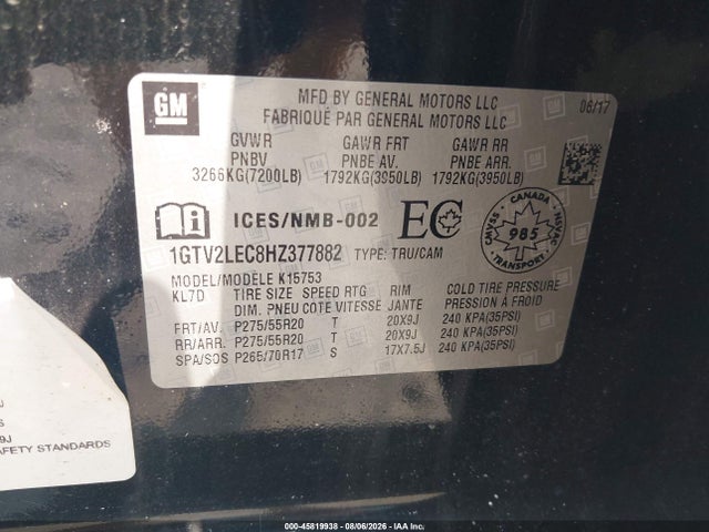 2017 Gmc Sierra 1500 მანქანა იყიდება აუქციონზე, vin: 1GTV2LEC8HZ377882, აუქციონის ნომერი: 45819938
