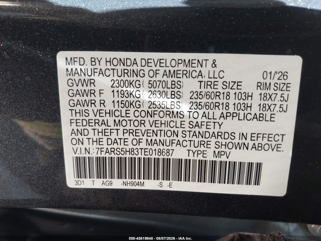 Продаж на аукціоні авто 2026 Honda Cr-v Hybrid 2wd Sport-l, vin: 7FARS5H83TE018687, номер лоту: 45819948