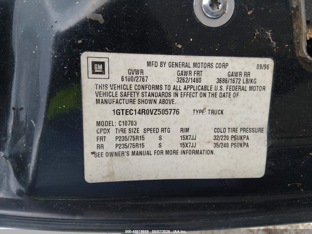 Aukcja sprzedaży 1997 Gmc Sierra 1500 Sl Wideside, vin: 1GTEC14R0VZ505776, numer aukcji: 45819959
