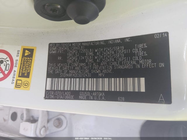 Toyota Highlander Limited V6 2014 5TDYKRFH2ES012430 Image 9