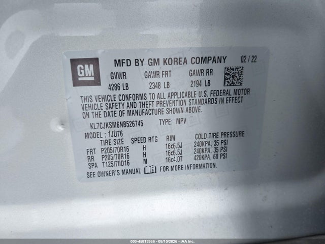 KL7CJKSM6NB526745 Chevrolet Trax Fwd Ls